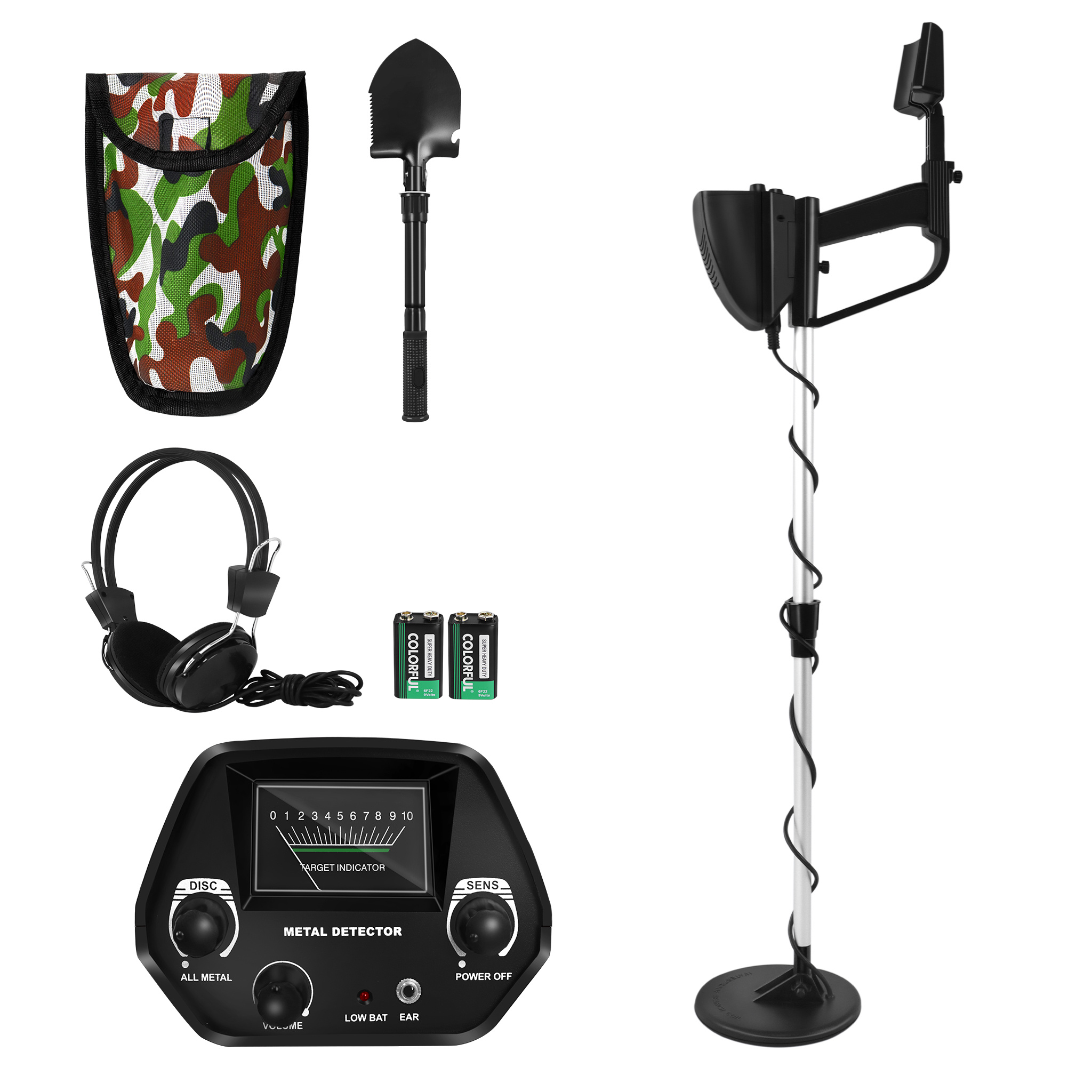 

Metal Detector Including Shovel & Carry Bag Metal Detector Set With Mechanical Pointer Display + Sound Tips (2 Models Available)