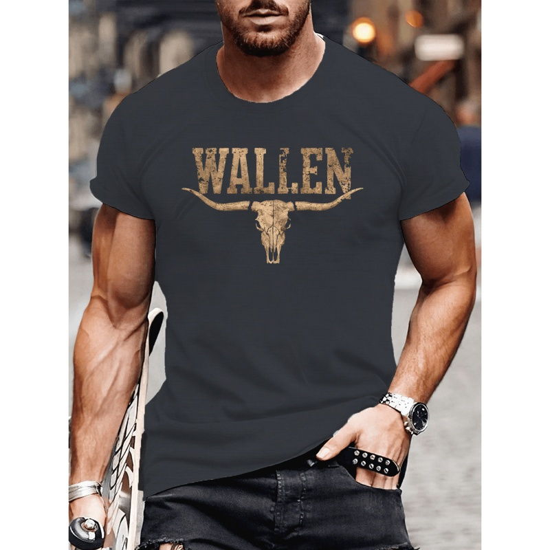 

Wallen Longhorn Skull Print Men's Crew Neck T-shirt, Short Sleeve Comfy Versatile Tee Tops, Summer Casual Clothing