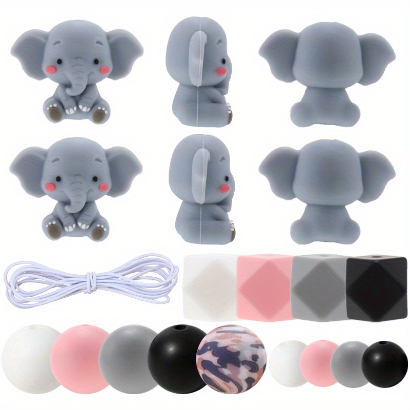 

63pcs Silicone Bead Set With 3d Elephant Beads - 15mm Round & 14mm Hexagon For Diy Phone Charms, Bracelets, Keychains & Jewelry Crafting