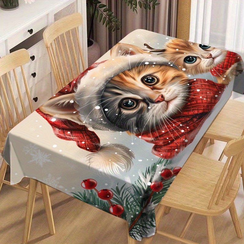 

Christmas Cat Pattern Tablecloth - Polyester Woven, Wrinkle-resistant, Oil-proof, Heat-resistant, Easy To Clean, Dining Table, Restaurant, Gatherings, Various Sizes