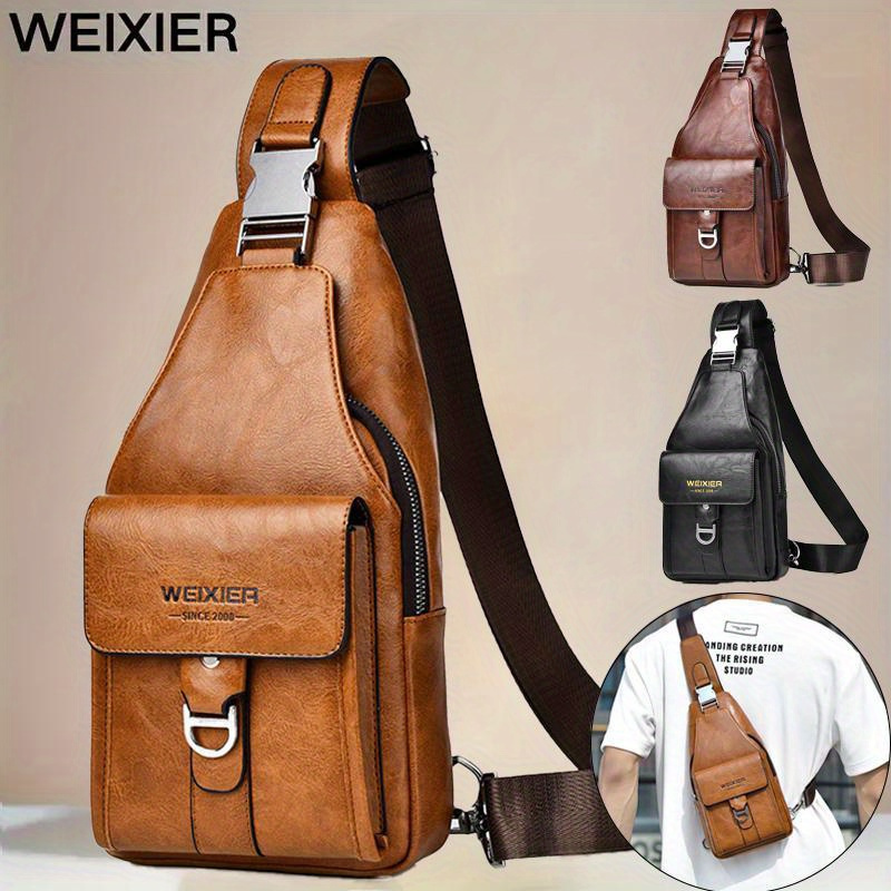 

Weixier Pu Leather Sling Bag - Vintage Casual Chest Pack, Large Capacity, Multi-compartment, Waterproof Crossbody Shoulder Bag