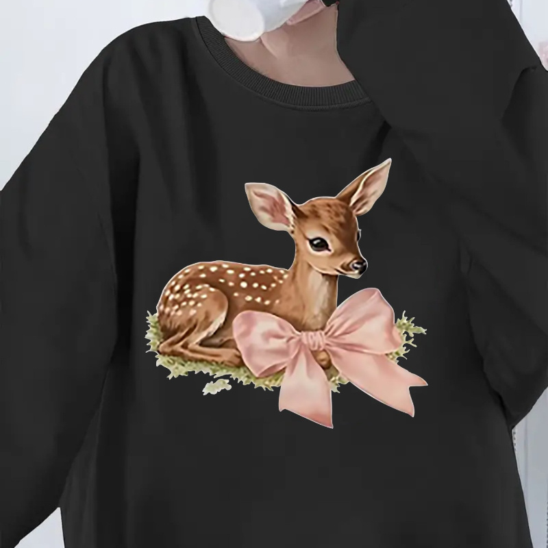 

Deer Print Pullover Sweatshirt, Casual Long Sleeve Crew Neck Sweatshirt For Fall & Winter, Women's Clothing