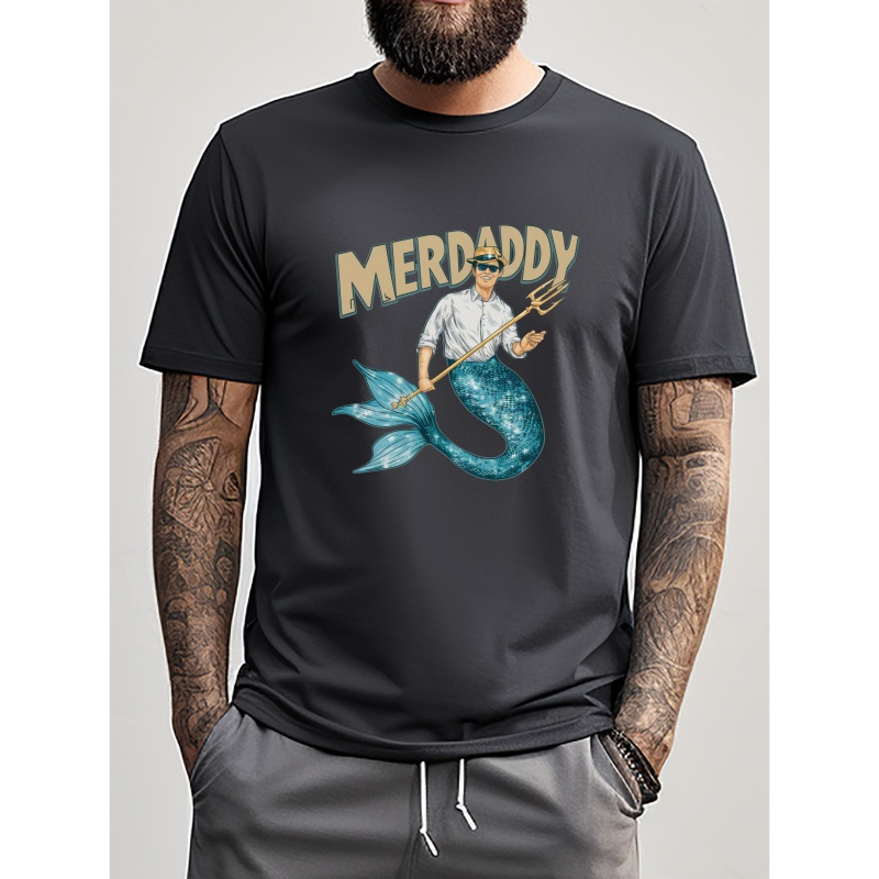 

Male Mermaid Vintage Print Tee Shirt, Tees For Men, Casual Short Sleeve T-shirt For Summer