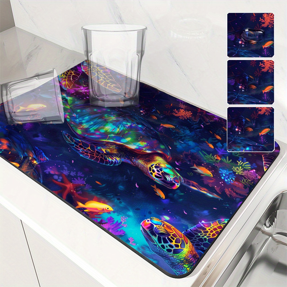TEMU 1pc Colorful Ocean Turtle And Fish Absorbent Mat, Kitchen Drying Mat, Tea Coaster, Coffee Coaster, Bathroom Absorbent Mat, Utensil Drying Mat,