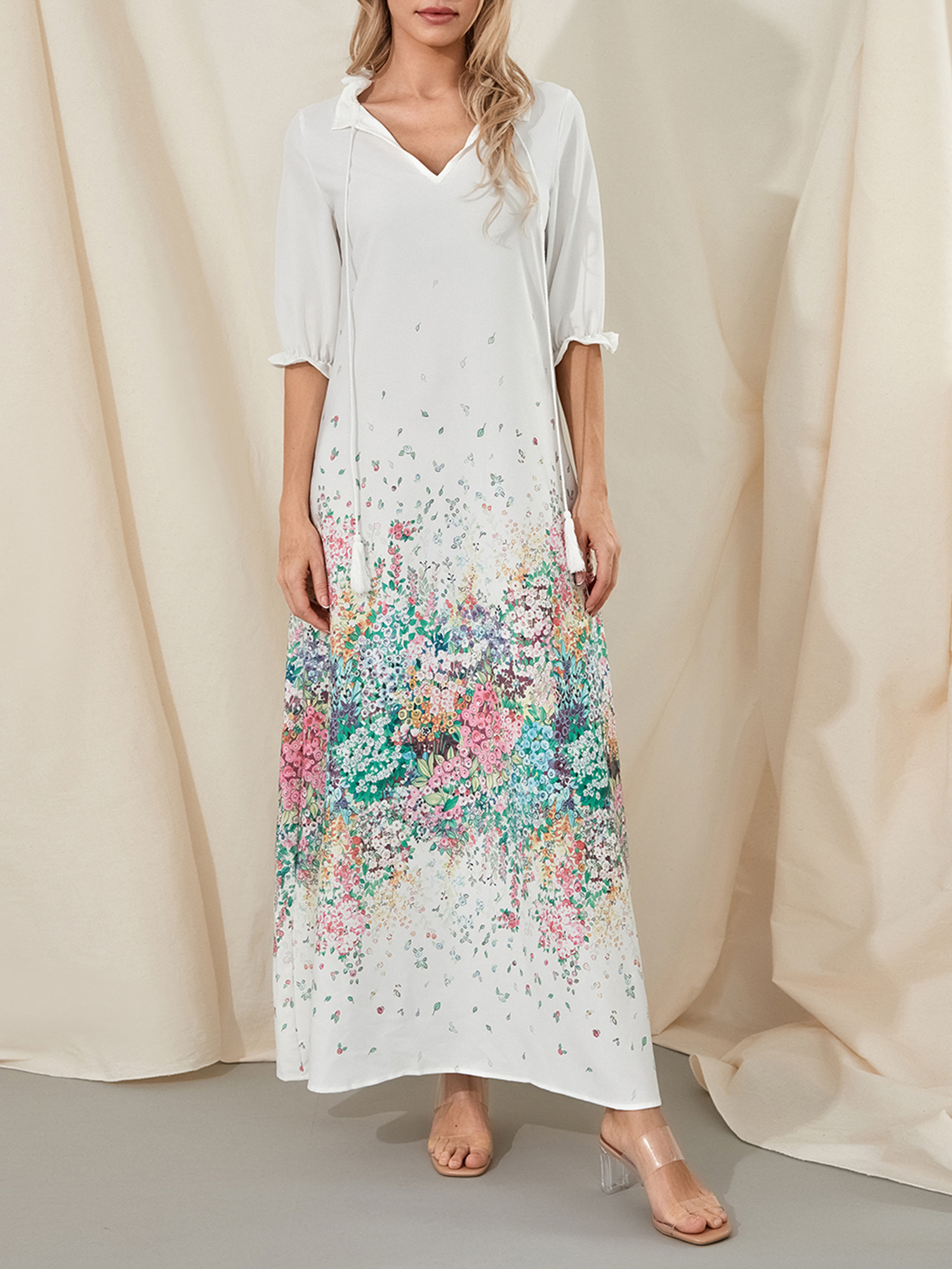 women's floral print v-neck short sleeve dress - loose swing a-line casual  dress with drawstring waist, lightweight breathable fabric for summer &  -season wear, machine washable | Free Shipping On Items Shipped