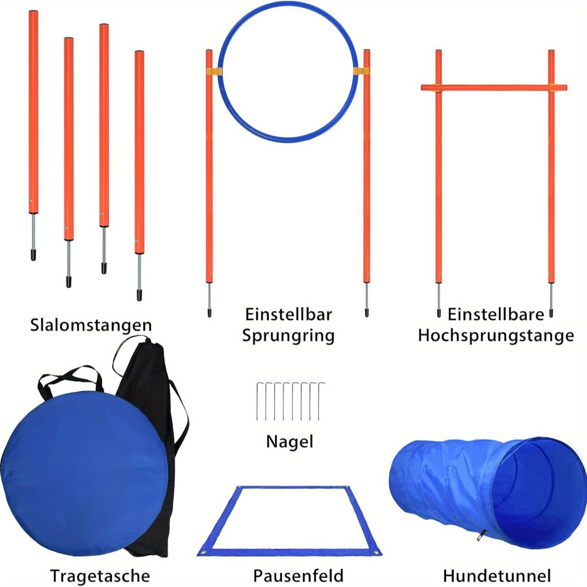 E-shop Hundesport Agility Set beinhaltet Hürden, Ringe, Tunnel, Slalomstangen, Startboxen & Tragetaschen für Trainingsspiele