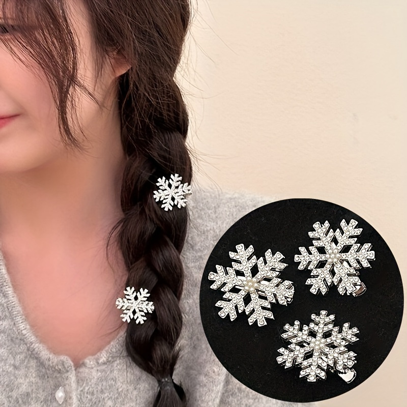 

2pcs/set Snowflake Hair Clip Set With Pearls & Rhinestones - Vintage Alloy Metal Barrettes For Women And Girls, Christmas