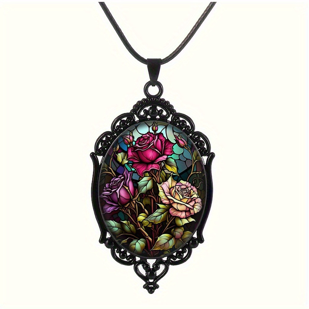 TEMU Exquisite And Elegant Three- Flower Pattern Pendant Necklace Oval Black Glass Gemstone Decoration Accessories Retro Romantic Jewelry Valentine's Day Anniversary Holiday Gift