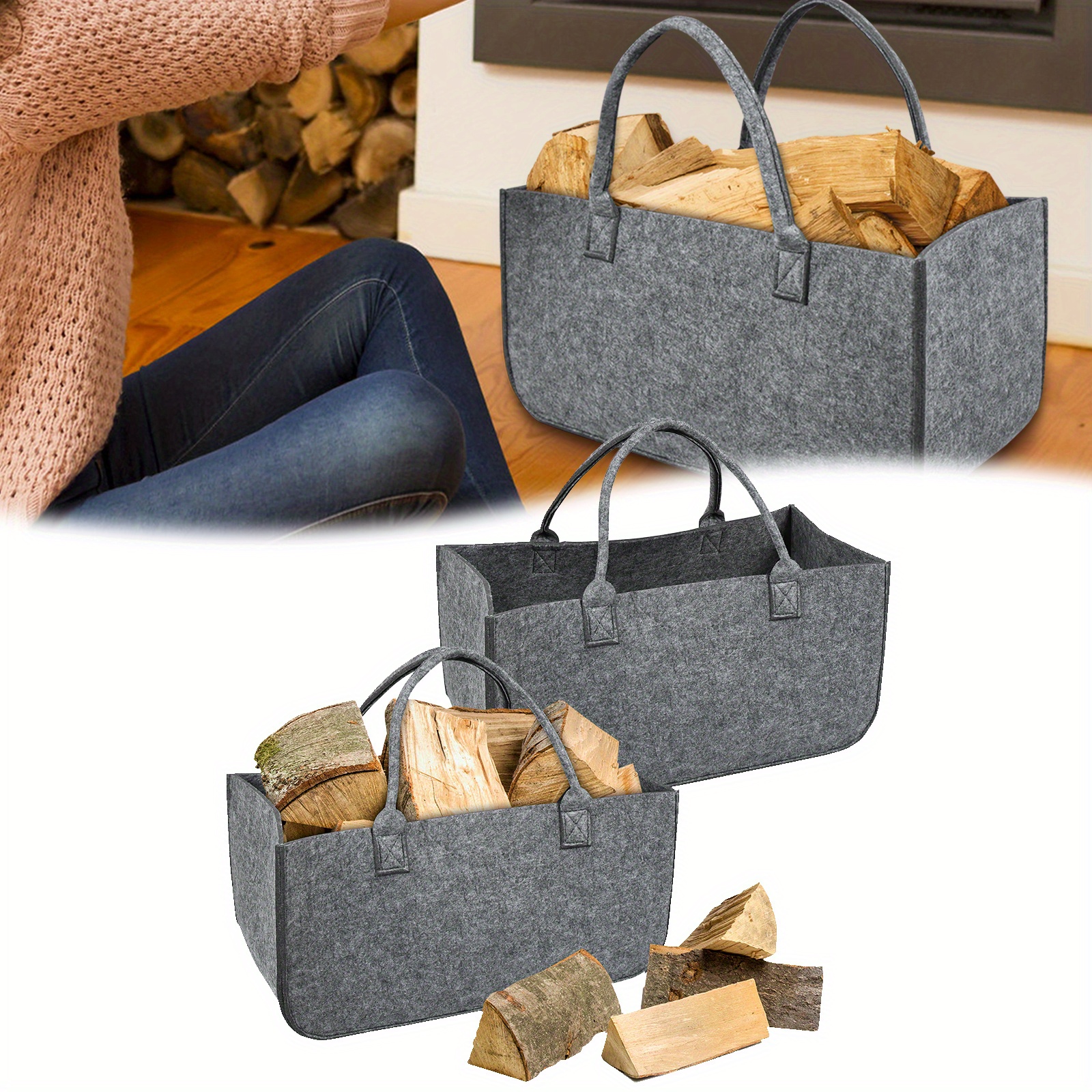 TEMU Foldable 50x25x25cm Felt Bag For Fireplace Wood, Newspapers - Large & Convenient, Shelf Baskets