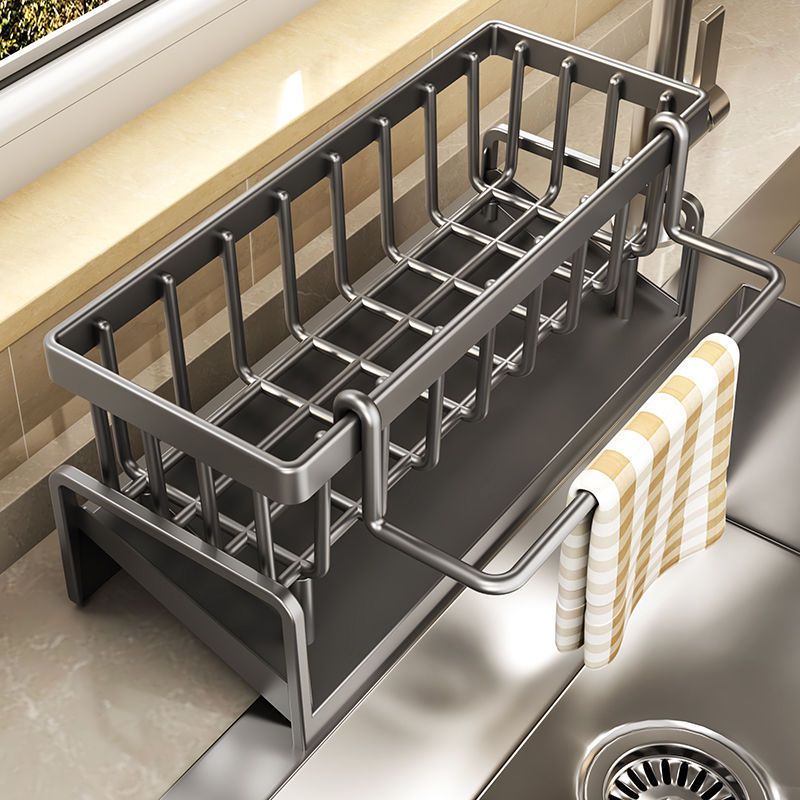 1pc foldable black metal kitchen storage rack with towel bar multi functional organizer for sponge detergent and cleaning tools   no power needed plastic material kitchen organizers and storage details 4