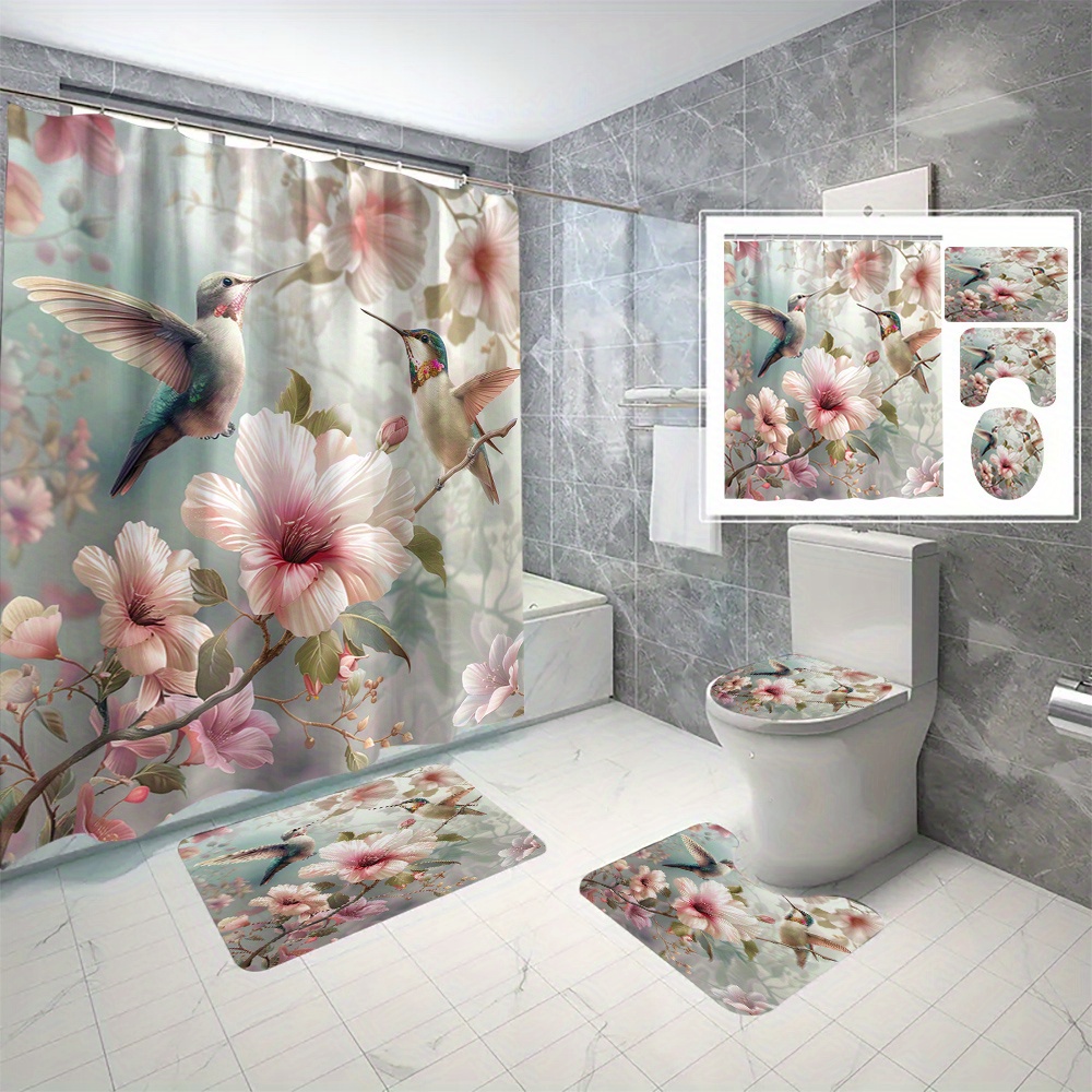 

1pc/3pcs/4pcs Peach And Bird Polyester Waterproof Shower Curtain No Punching Bathroom