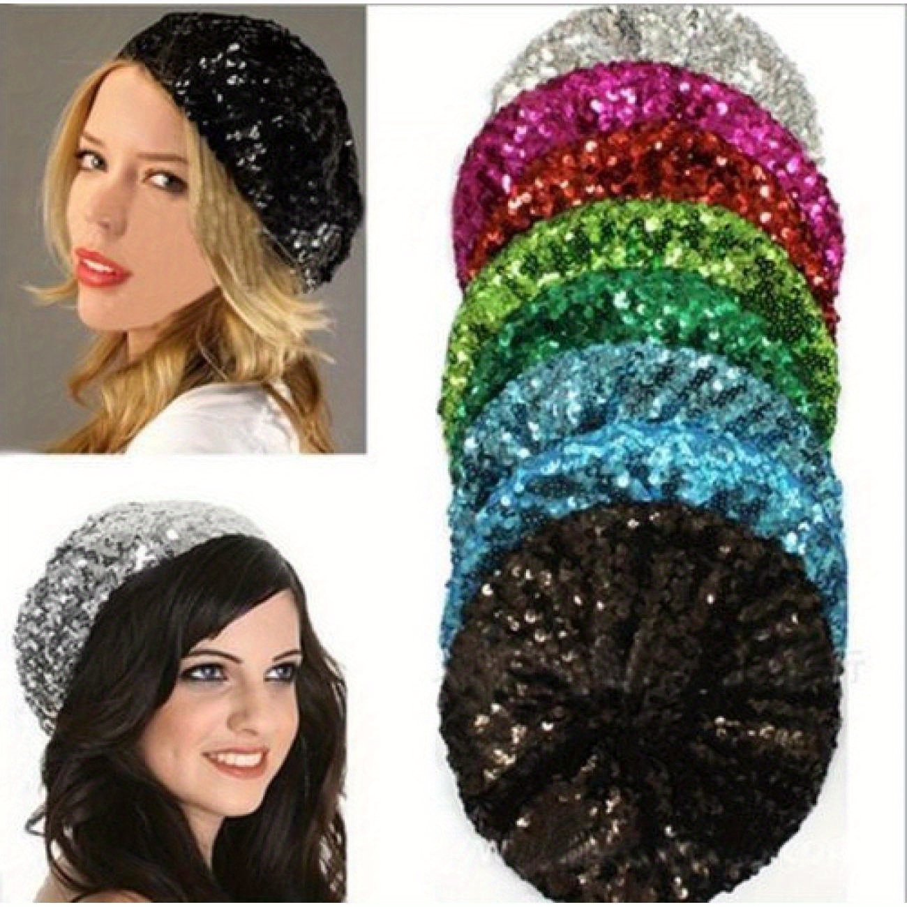 

Women Shining Sequins Hat Stretchy Show Caps Dancer Singer Hats For Fours Seasons