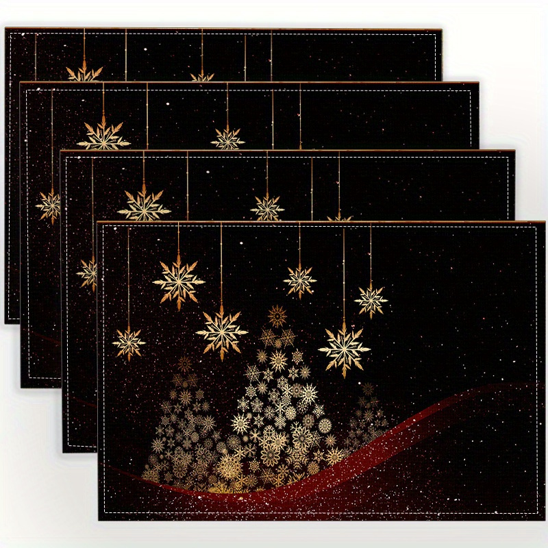 

4-pack Festive Christmas Snowflake Print Polyester Woven Table Mats, Rectangular Handwashable Placemats For Home & Restaurant, Insulated Cup Coasters For Party Decor