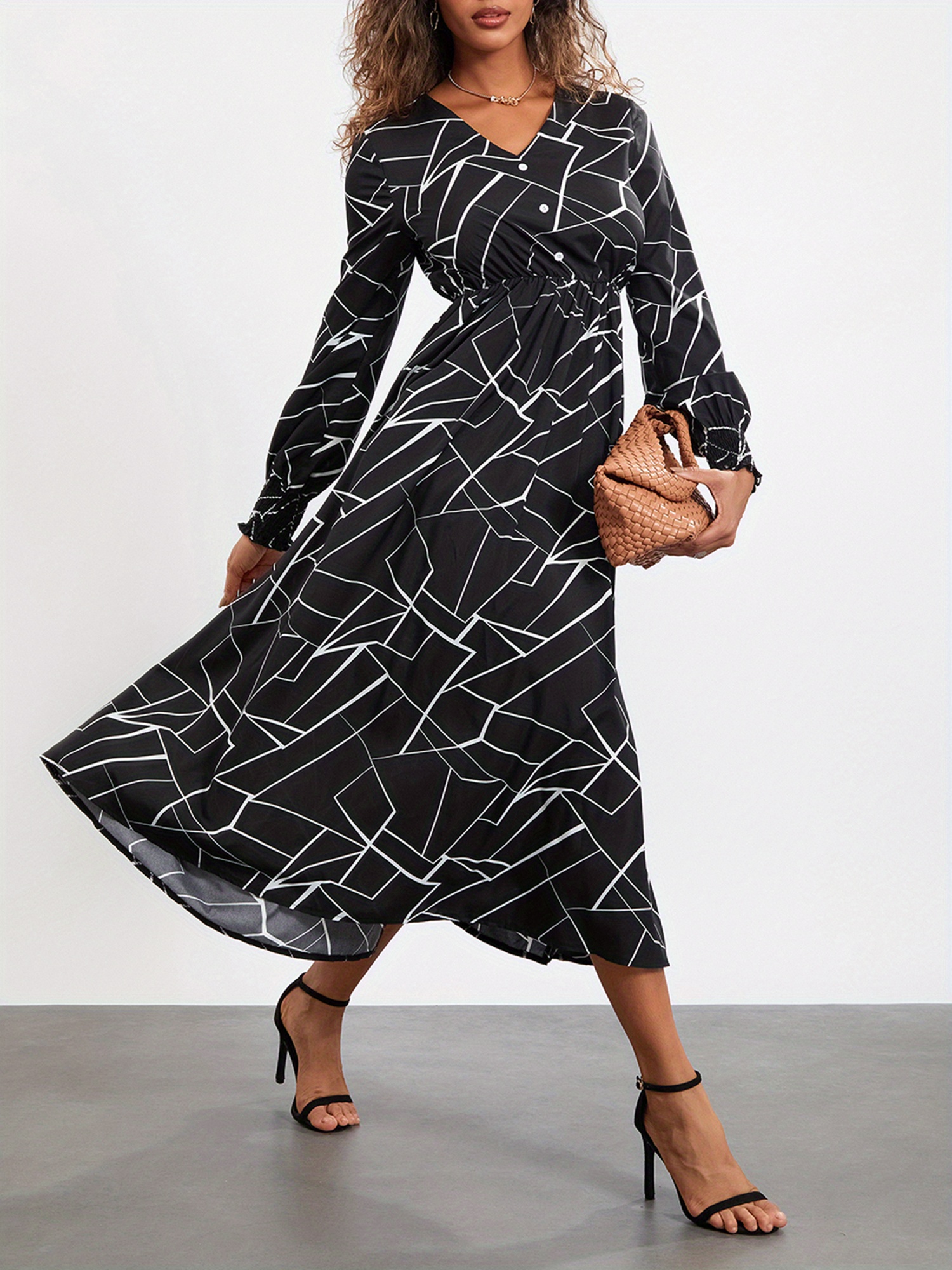 womens fall midi dress lantern sleeve v neck button front - Temu