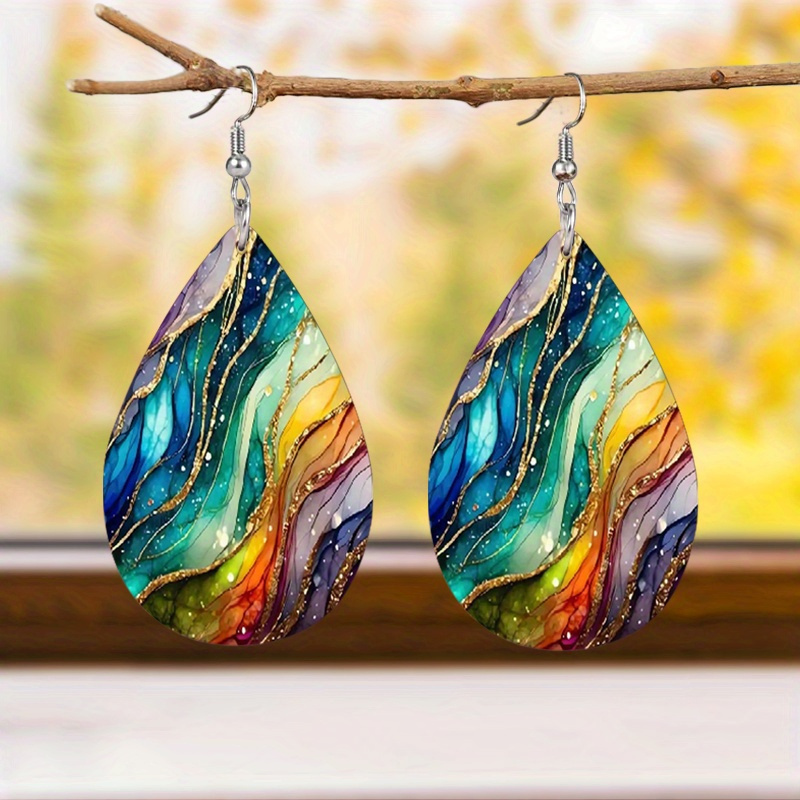 TEMU Women' Gradient Marble Teardrop Earrings, Pattern Leather Drop Earrings, Lightweight, Universal Holiday Gift Halloween Christmas Gift