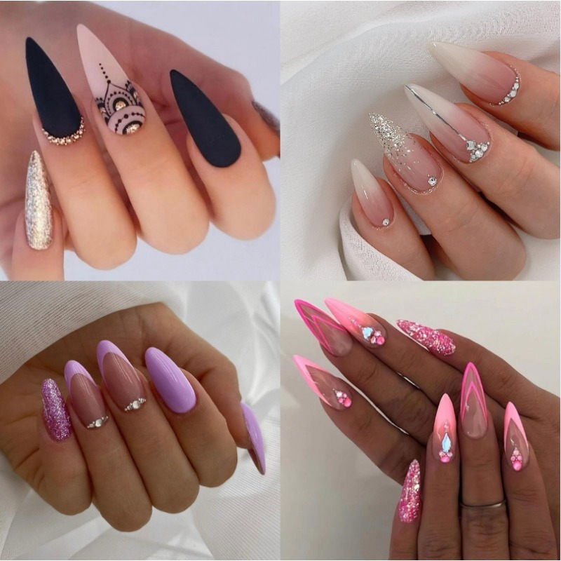 TEMU Set Of 96 Stylish Almond-shaped Press-on Nails In Medium Length, Featuring A Pink, White, Purple, And Black Gradient With Glitter Details And