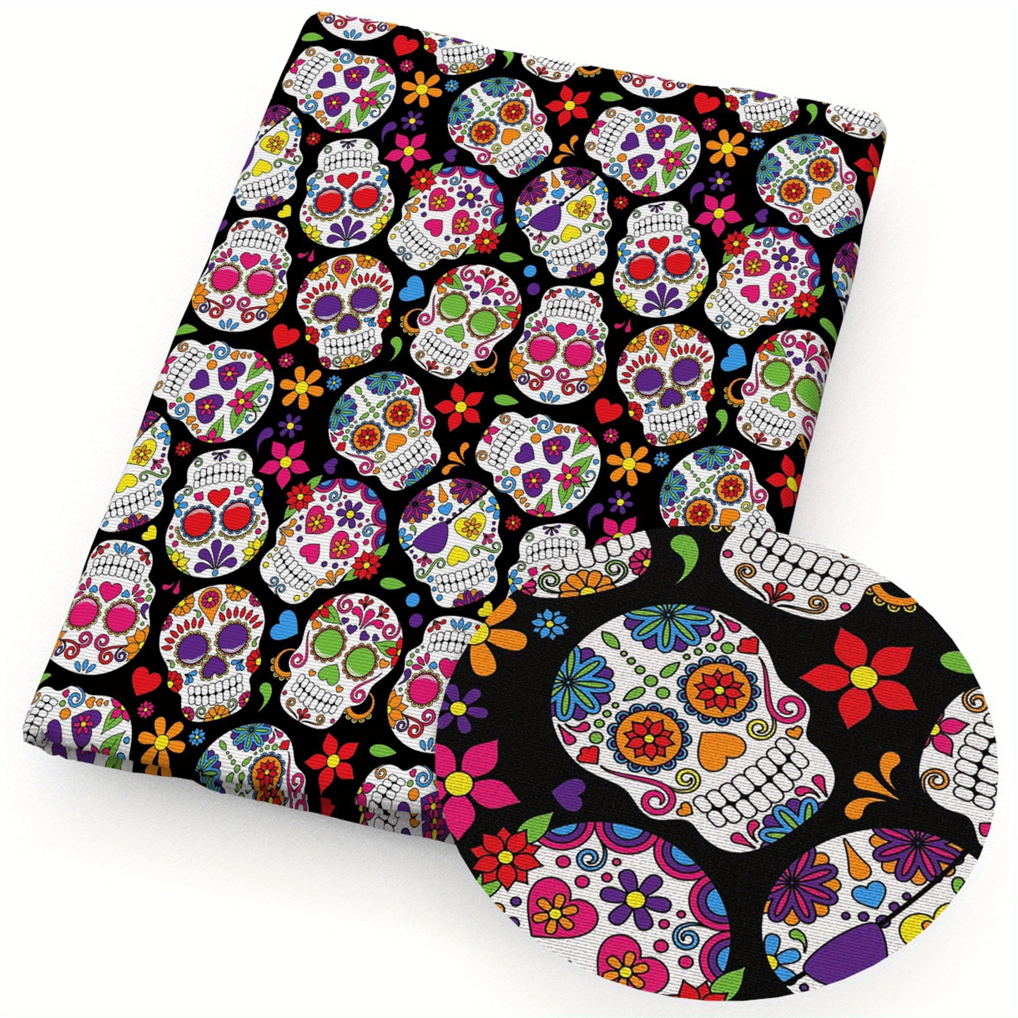 Image of 1pc Of Fabric Featuring A Flower Skeleton Design For Of The Dead Halloween Series, Measuring 57x19.68 Inches (145x50 Cm), Made Of Polyester. Ideal For Crafts And Projects, With A Weight Of 108gsm