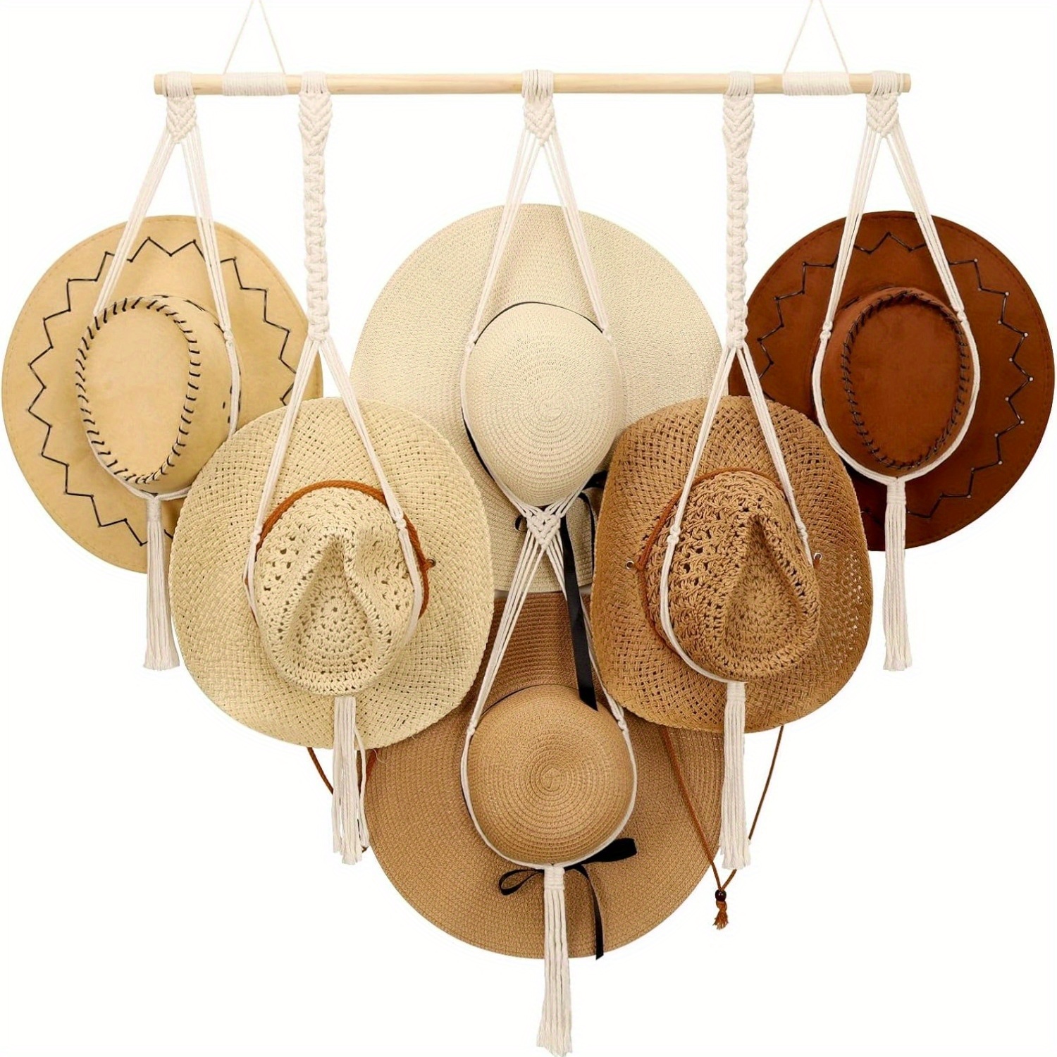 

Boho Chic Macrame Hat Hanger - Wall-mounted Organizer For Wide Brim Hats, Space-saving Display Rack