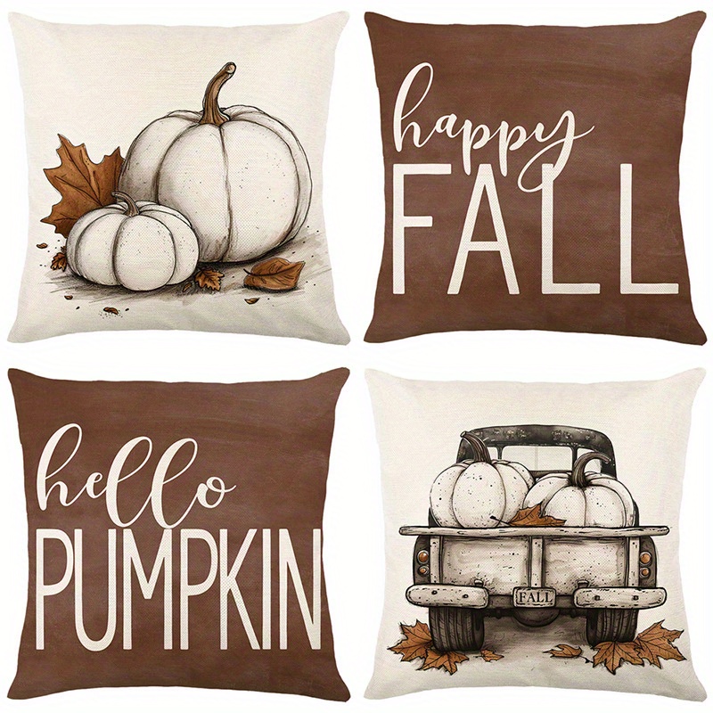 

4pcs Rustic Pumpkin And Truck Pillow Covers - 18x18 Inch, Linen, Invisible Zipper Design - Porch, Patio, Sofa, Living Room, Outdoor