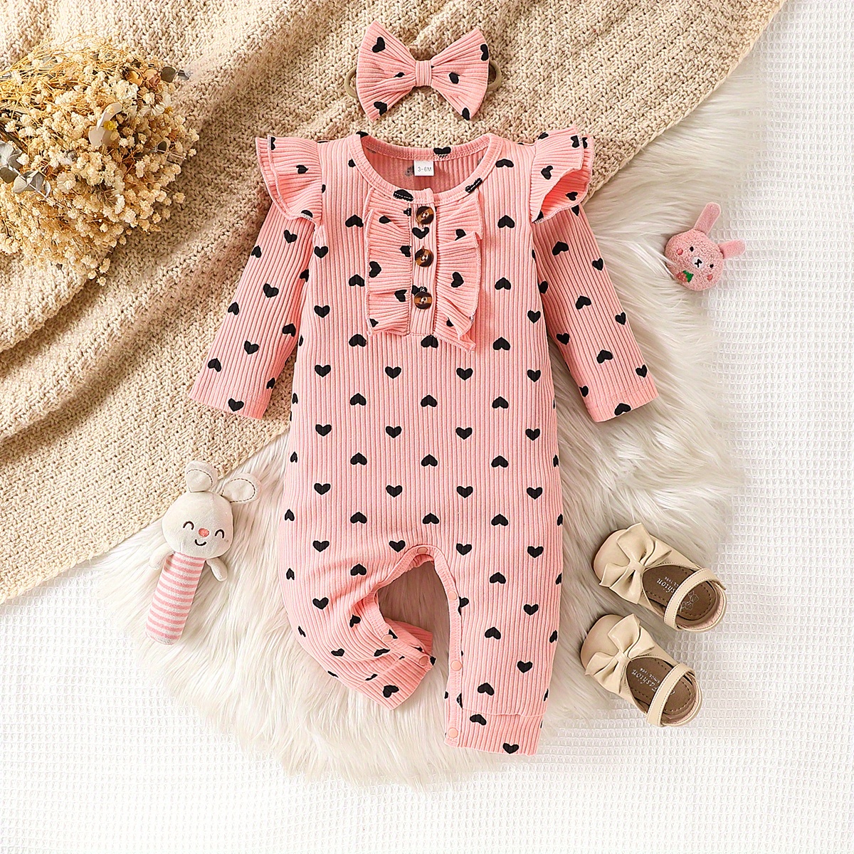 

's Ruffle Decor Ribbed Long , Toddler & Infant Girl's Bodysuit + Hairband, Suitable For Fall