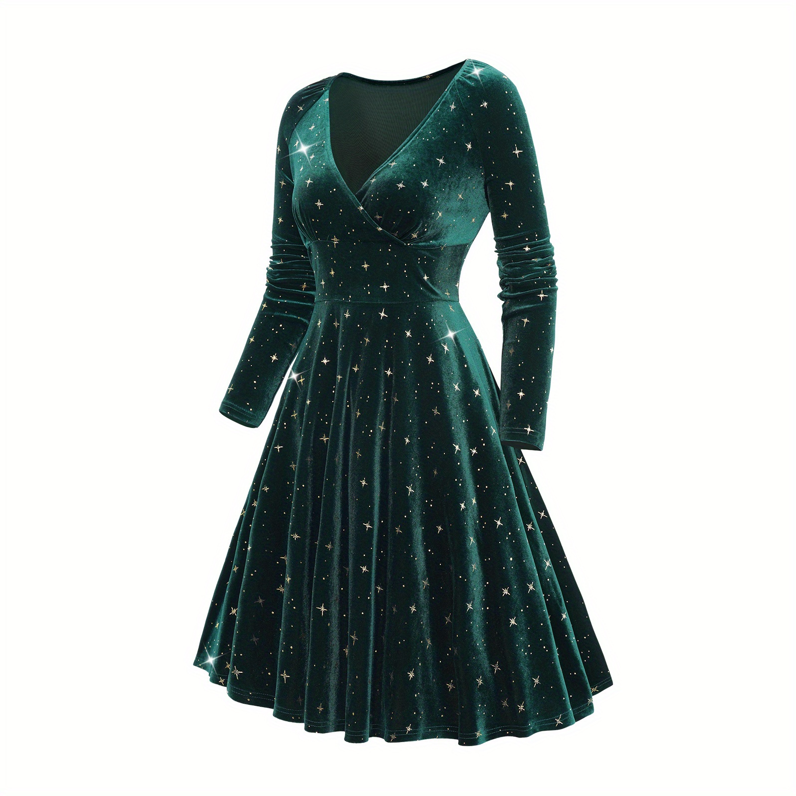 

fr: Robe moulante à manches longues et imprimé étoiles en polyester pour femmes, avec col en V, tissu extensible, style élégant pour l'automne/hiver