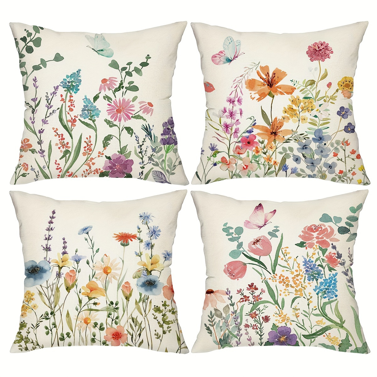 

4 Pcs Floral Pillow Cover - Spring And Summer Floral Decor - Soft And Durable For Sofa, Porch, Patio And Living Room - Machine Washable - Pillow Inserts Not Included