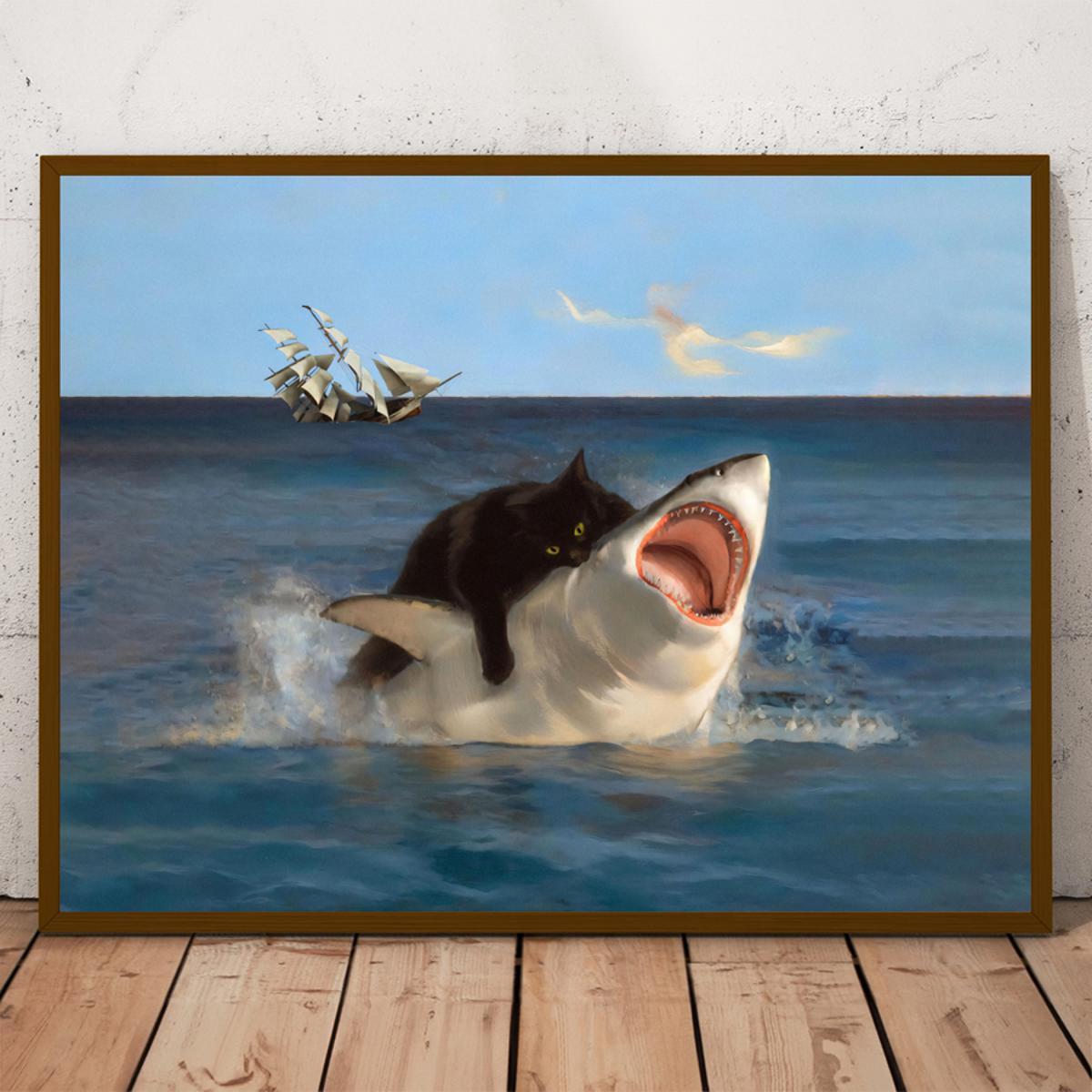 

1pc Funny And Shark Illustration Art Print Poster, Canvas Wall Art, For Home Office Bedroom Living Room Kitchen Corridor Bathroom Hotel Bar Coffee Shop Wall Decoration, No Frame