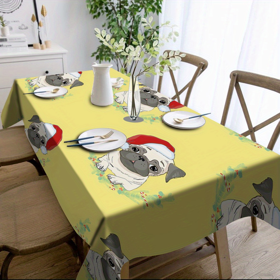 

Christmas Pug Print Tablecloth 1pc - Woven Polyester Rectangular Table Cover For Home Kitchen Dining Decor, Reusable & Dust-resistant For Indoor And Outdoor Party Holiday Decoration