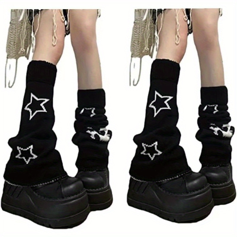 

Y2k-inspired Star & Skull Print Knit Leg Warmers - Reversible, Knee-high Socks For Women | Fashionable Punk Streetwear