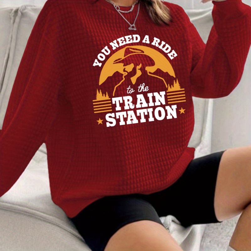 

Plus Size Train Station Print Pullover Sweatshirt, Casual Long Sleeve Crew Neck Sweatshirt For Fall & Spring, Women's Plus Size Clothing