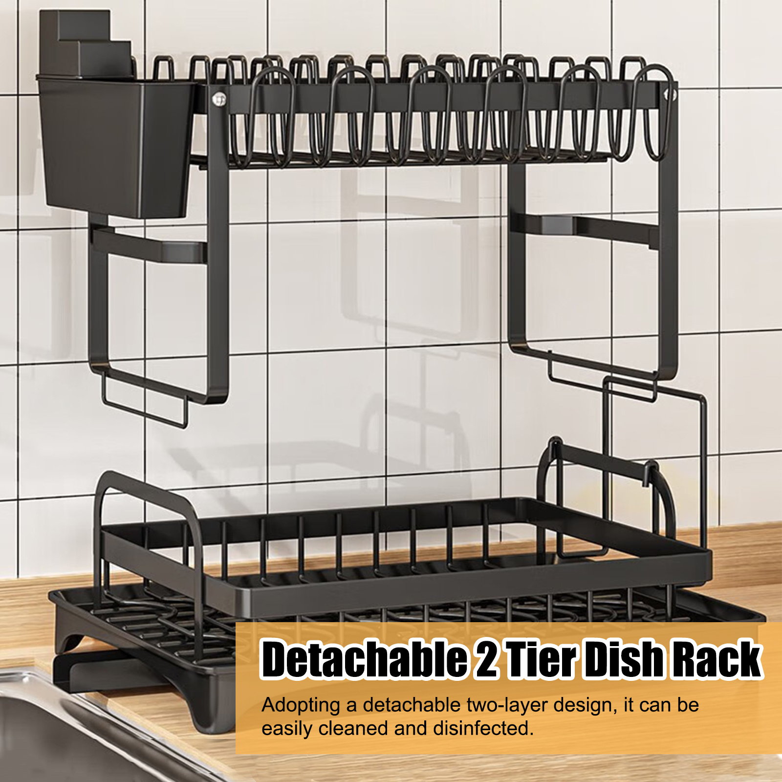 

Kitchen Counter 2-tier Dish Drying Rack, The Sink Strainer, Large Capacity W/ And Utensil Holder, Auto-draining, Non-slip For Kitchen Counter (black)