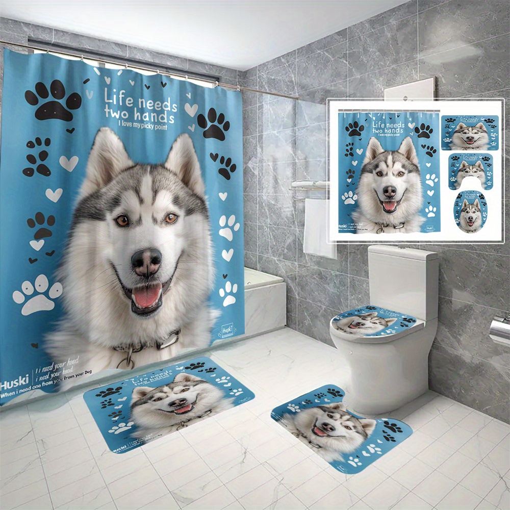 

1/3/4pcs Smiling Bathroom Set, Machine Washable, Shower Curtain, Non-slip Bath Mat, U-shape Mat, Toilet Lid Cover, Bathroom Decor, Hooks Included