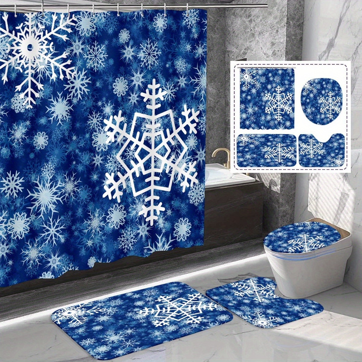 

Festive Christmas Blue Snowflake Bathroom Set: 71x71in/180x180cm, Includes Shower Curtain, Bath Mat, And Toilet Seat Cover, Artistic Design, Waterproof, Machine Washable