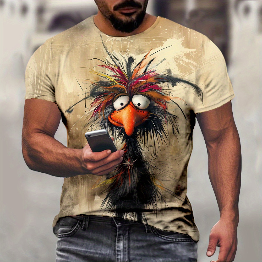 

T-shirt imprimé coq de dessin pour hommes - Coupe standard, col rond, mélange de polyester, adapté à toutes les