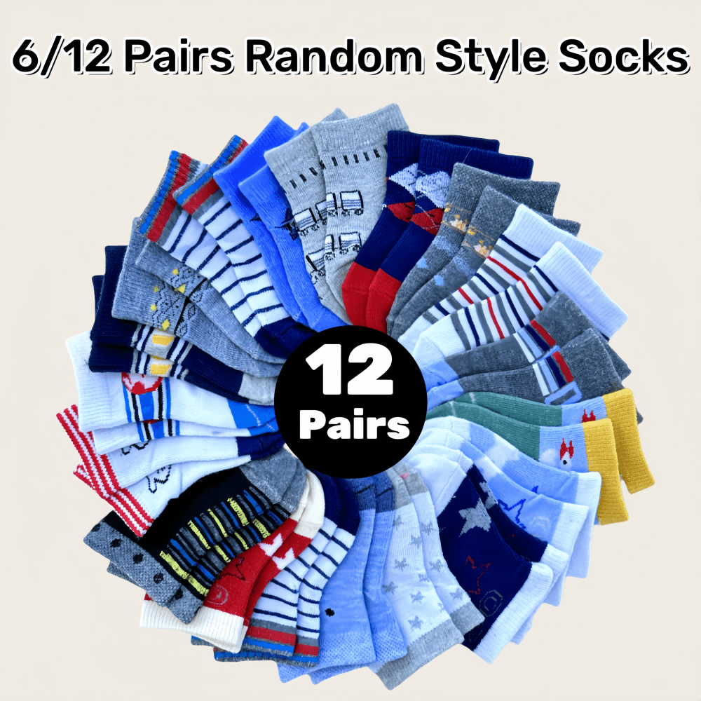 

6/12 Pairs Random Style Baby Socks For Boys And Girls, Size 0-12m, Newborn To Toddler, First Walkers, Hand Wash Or Dry Clean, Polyester And Spandex Fabric