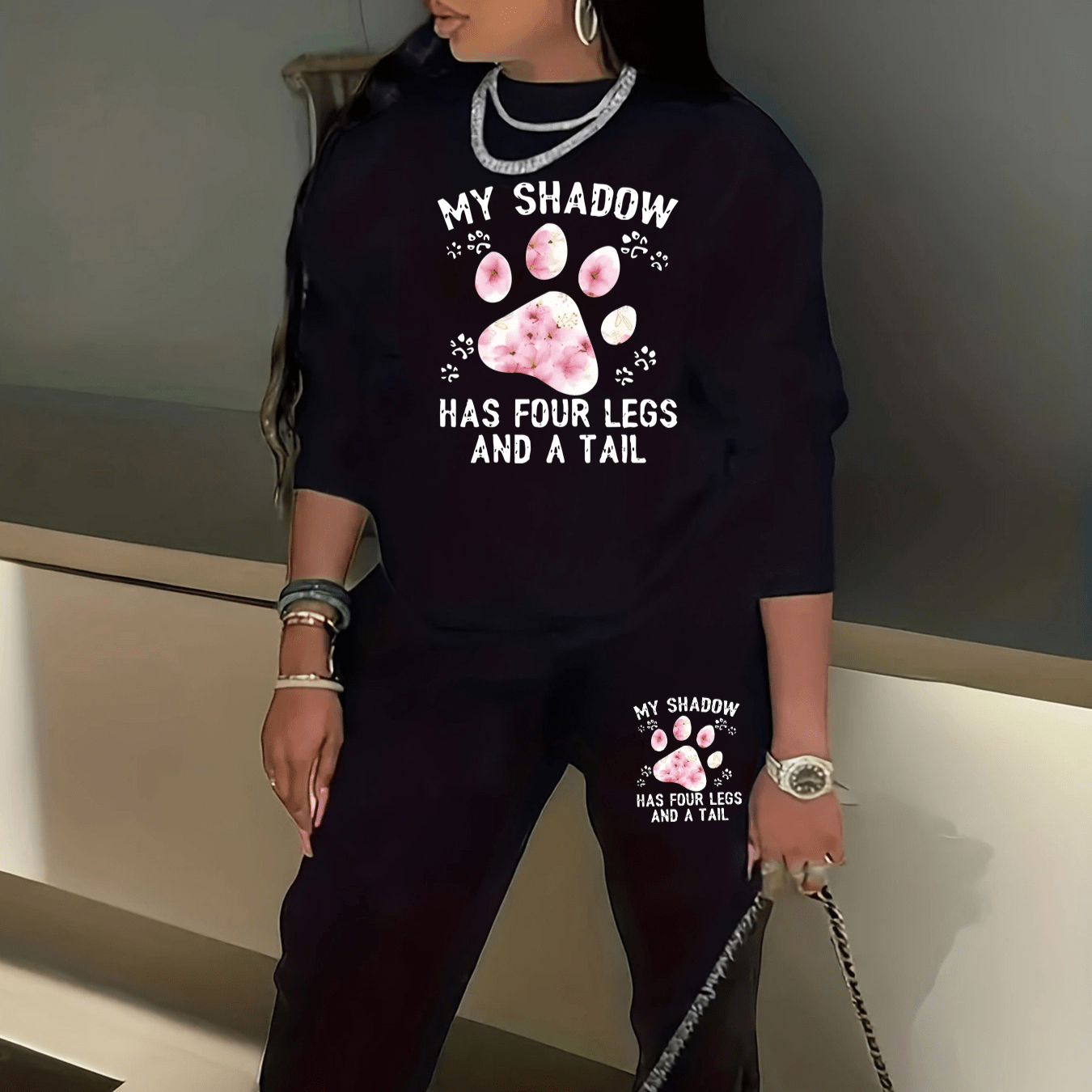 

Casual Letter & Paw Print Pants Set, Crew Neck Long Sleeve Sweatshirt & Pockets Comfy Jogger Sweatpants For Spring & Fall, Women's Clothing