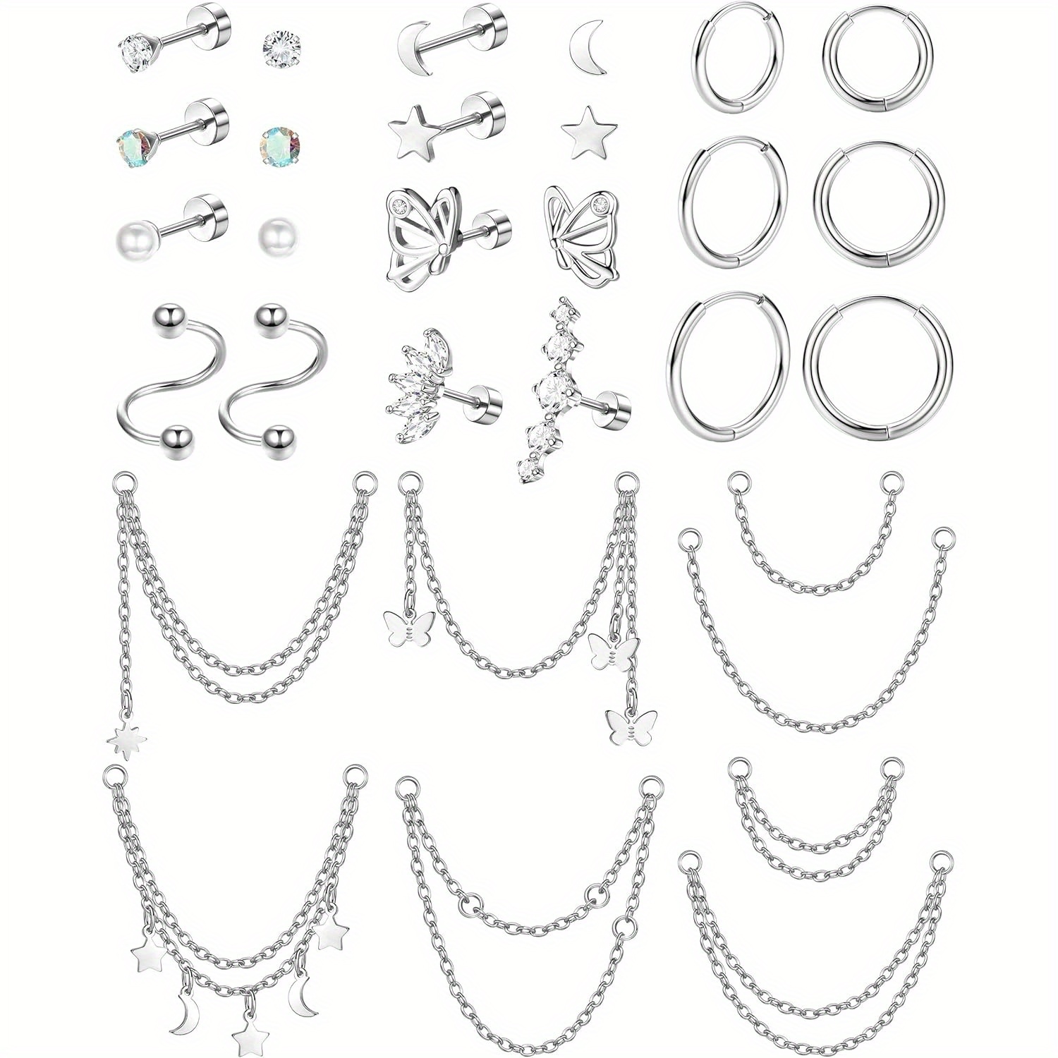 

30Pcs Inoxydable Cartilage Boucles d'oreilles Hommes, CZ Zirconia Étoile Clous, Créole, Chaîne Pendante, , Pas de Placage, Aiguille d'oreille 316L, Polyvalent la -, & Fête, Toutes