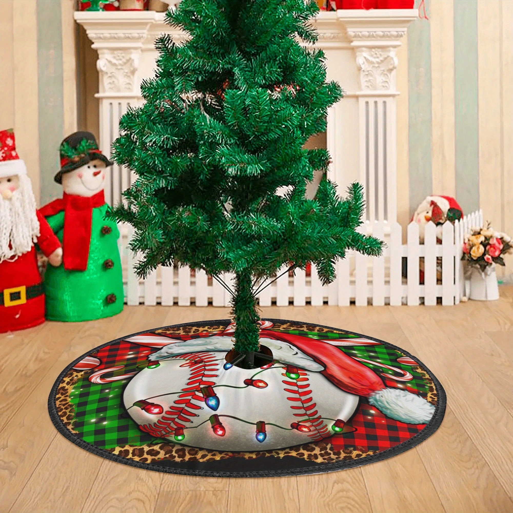 

Festive Christmas Tree Skirt: Baseball & Santa Hat Design, 48"x48", Polyester Material, Suitable For Home, Office, Party Decorations