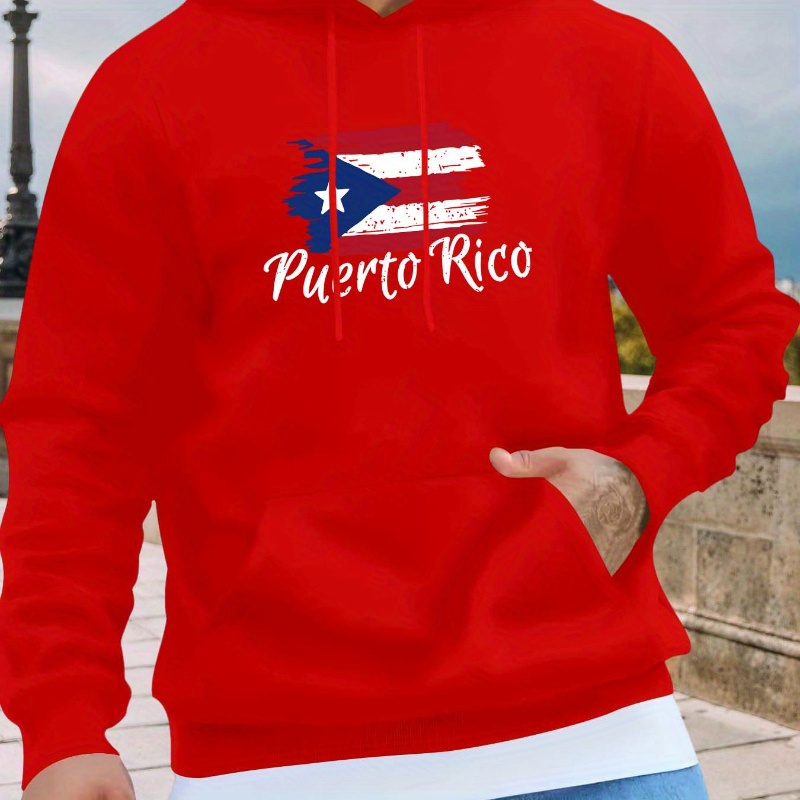 

Puerto Country Print, Men' Casual Hoodie With Drawstring, Long Sleeve Comfortable Pullover Hoodie For Autumn And Winter