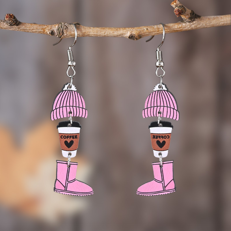 

Christmas Cup & Boot Earrings - Vintage Style Wooden Drop Dangle Earrings For Women, Stainless Steel Hooks, Lightweight Party Jewelry, Seasonal Daily Wear, No Feather, Non-mosaic, Unique Classic Gift