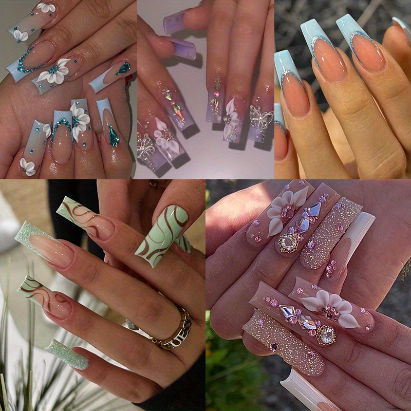 TEMU 120pcs (5pcs) Press On Nails Long Square Purple Blue Green Fake Nails Flower Design Glue On Nails 3d Flower Charm Acrylic Nails Bling Squoval