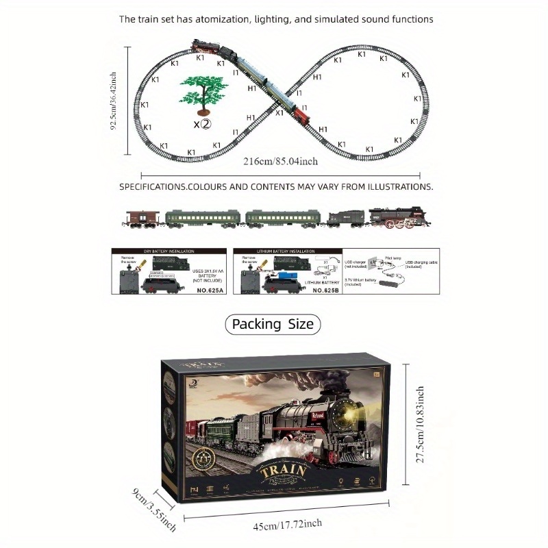 Vintage Train Set Steam Locomotives Wagons and Tracks Electric Rechargeable Train Toys with 3 Smokes Horns and Lights Christmas Toys for Children Over 3 4 5 6 7