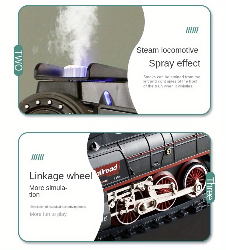 Vintage Train Set Steam Locomotives Wagons and Tracks Electric Rechargeable Train Toys with 3 Smokes Horns and Lights Christmas Toys for Children Over 3 4 5 6 7