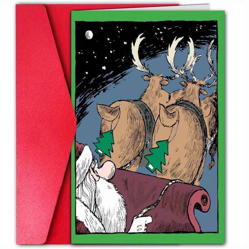 

Festive Christmas Card: Funny Cartoon Santa And Reindeer Design, Perfect For Friends And Family