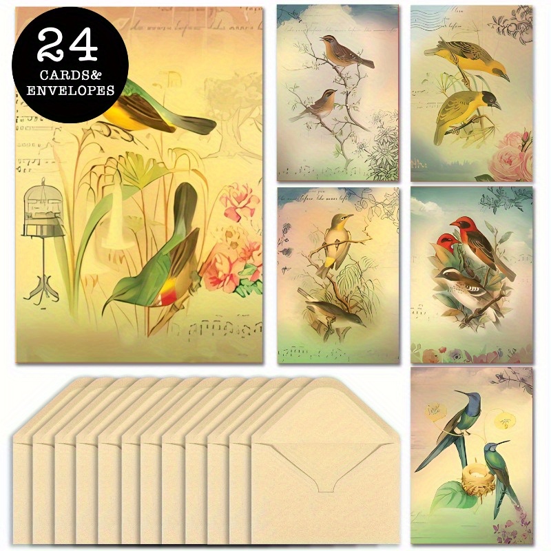 

24-pack Vintage Bird Themed Greeting Cards With Envelopes, Multi-occasion Assorted Set For Birthday, Christmas, , Congratulations, Thank You - Suitable For Anyone