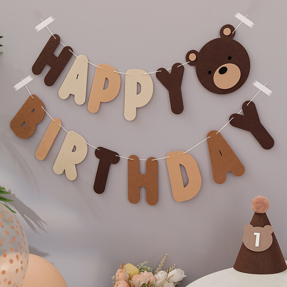 

Brown Bear Birthday Banner - 1pc Felt Letter Pull Flag For Party Decorations, No Power Needed