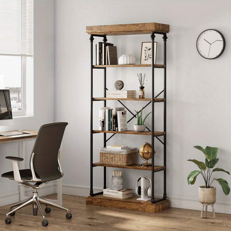 

Bookshelf Industrial Bookcase Wooden Storage Open Rack Shelf With Metal Frame Rustic 6 Tier Tall Standing Bookshelves Large Display Rack For Bedroomliving Room And Home Office