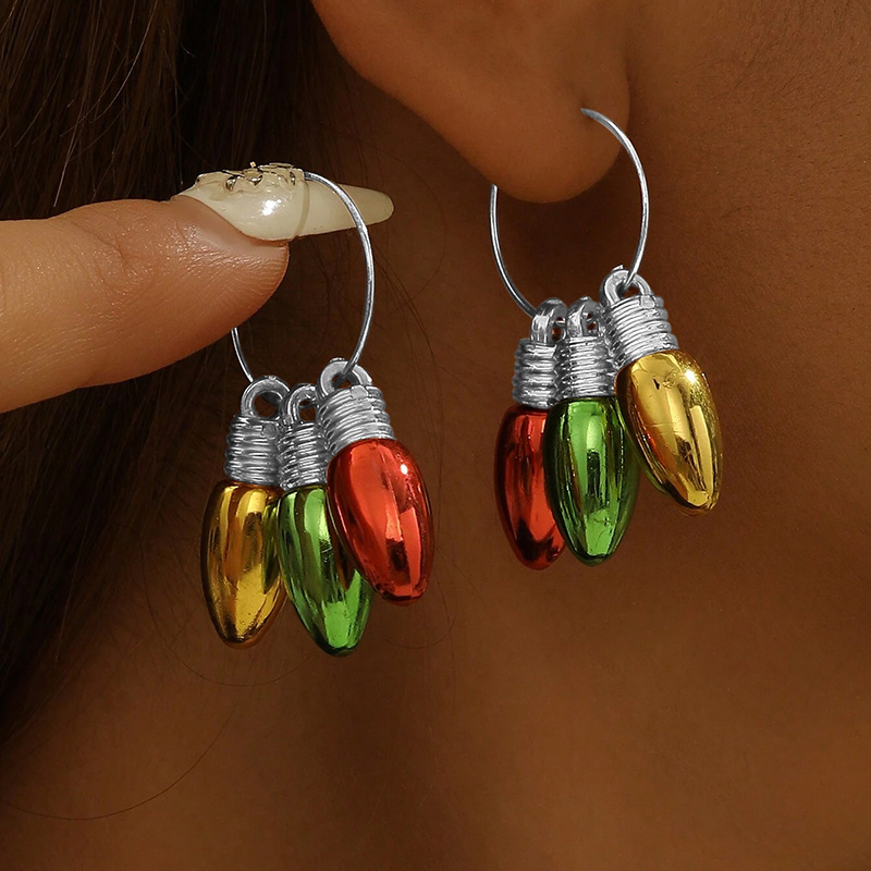 TEMU 1 Paire, Boucles d'oreilles Circulaires Tendance Femme, Noël Créatif Rouge, Jaune et Vert 3 Couleurs Ampoule Circulaire, Boucles d'oreilles
