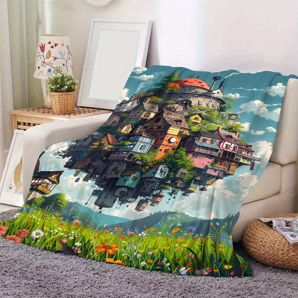 

All-season Digital Printed Moving Castle Flannel Throw Blanket, Contemporary Polyester Fleece Blanket For Couch, Sofa, And Bed, Lightweight Soft Warm Bedding Cover - Machine Washable