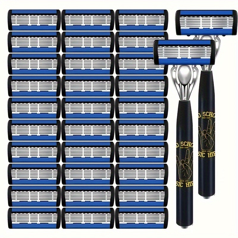 

30 Blade Heads+2 Handles, 6 Layers Of Blades, Classic Men's Manual Shaver, Non Slip Handle, Replacement Blades